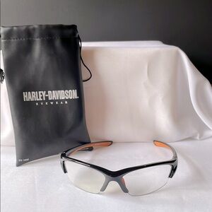 Harley Davidson Eyewear Black and Orange frame with clear lens and case. Unisex